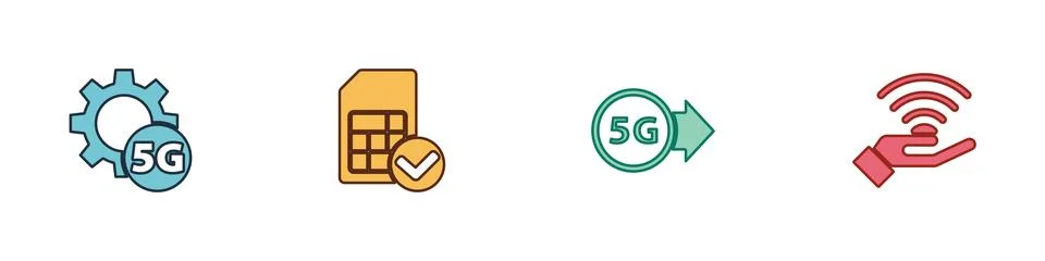 Set Setting 5G network, Sim card,  and  icon. Vector Stock Illustration