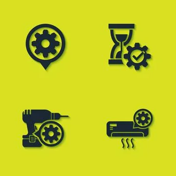 Set Setting, Air conditioner setting, Drill machine and Hourglass icon. Vector Stock Illustration