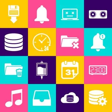 Set Setting database server, Digital alarm clock, Bell, Dead laptop, Clock 24 스톡 일러스트