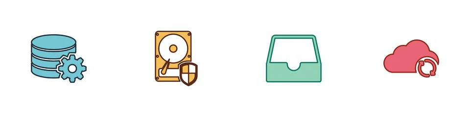 Set Setting database server, Hard disk drive HDD protection, Social media inb Stock Illustration
