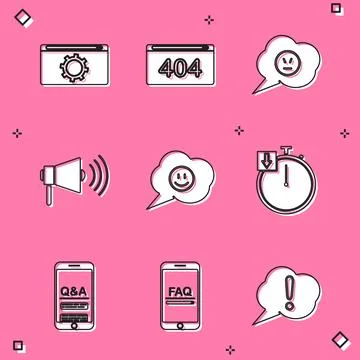 Set Setting, Page with a 404 error, Speech bubble angry smile, Megaphone, f.. Stock Illustration