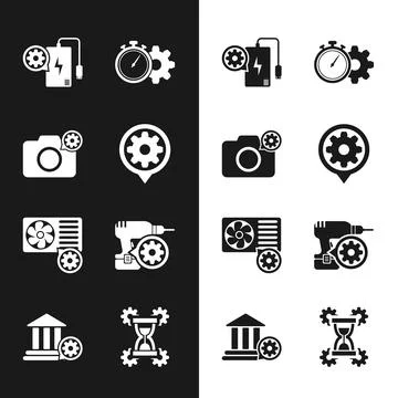 Set Setting, Photo camera setting, Power bank, Time management, Air conditioner Ilustración de archivo