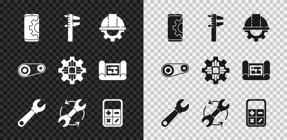 Set Setting on smartphone, Calliper or caliper and scale, Worker safety hel.. Stock Illustration