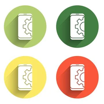 Set Setting on smartphone icon isolated with long shadow background. Adjust.. Stock Illustration