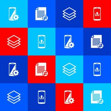 Set Setting on smartphone, Transfer files, Layers and Smartphone with upload Stock Illustration