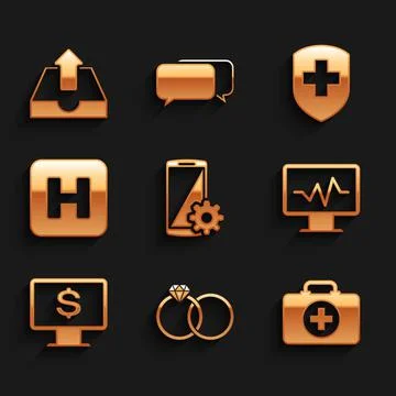 Set Setting on smartphone, Wedding rings, First aid kit, Monitor with cardiogram Stock Illustration