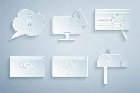 Set Setting, System bug concept, No Internet connection, Open mail box, Monitor Stock Illustration