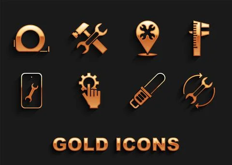 Set Settings in the hand, Calliper or caliper scale, Wrench arrows as workflow Stock Illustration