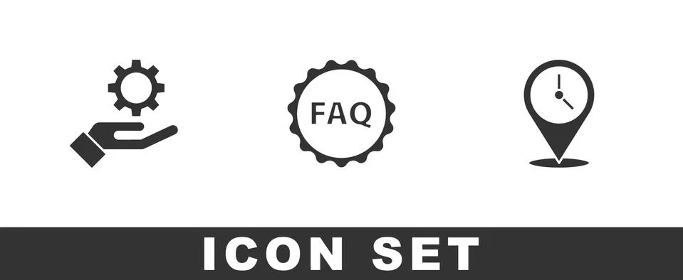 Set Settings in the hand, Label with text FAQ and Location clock icon. Vector Stock Illustration