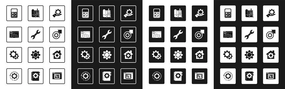 Set Settings in the hand, Wrench spanner, Browser setting, Calculator, Gear Stock Illustration