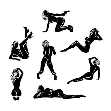 A set of seven black and white sexy silhouettes of naked girls in various pos Ilustración de archivo