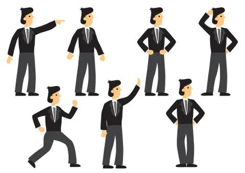 A set of seven businessman in different expression and pose. Isolated vector Stock Illustration