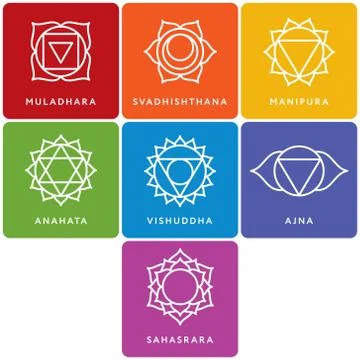 Set of seven chakra symbols with names Stock Illustration