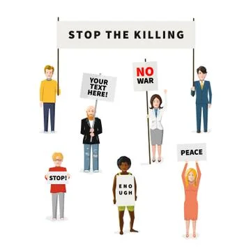 Set of seven demonstrators flat people with different type of posters isolated Illustrazione stock