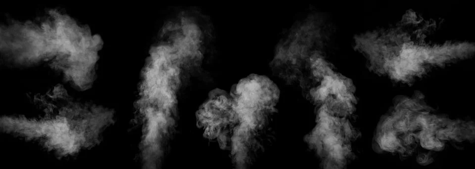Swirling wriggling smoke steam isolated on a black background for