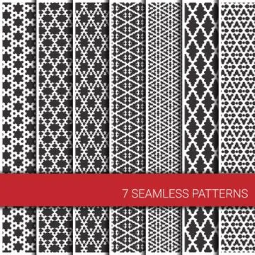 Set of seven geometric patterns. Grey and white Stock Illustration
