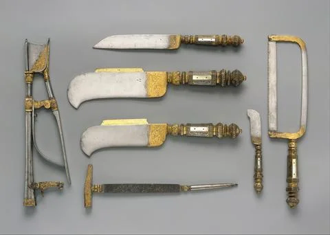 Set of seven pruning tools 15751600 French, Moulins Decorated with engraved.. Stock Photos