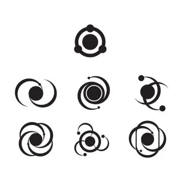 Set of seven simplified atom icons in black and white Stock Illustration