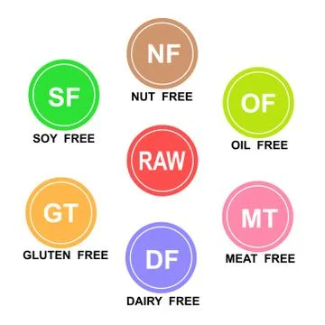 Set of seven vector symbols representing various food allergies and special d Stock Illustration