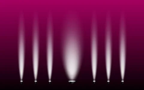A set of seven vertical realistic spotlights with bright white light beams イラスト素材