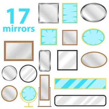 Set of seventeen different mirrors with various shapes and frames isolated イラスト素材