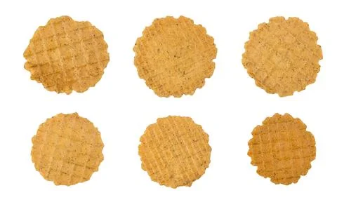Set of several round thin crispy salted waffles isolated on white background Stock Photos