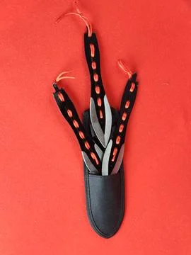 Set of several throwing knives in a case for combat training and sport throwi Stock Photos
