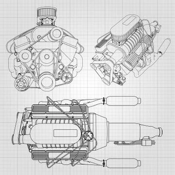 A set of several types of powerful car engine. The engine is drawn with black Illustrazione stock