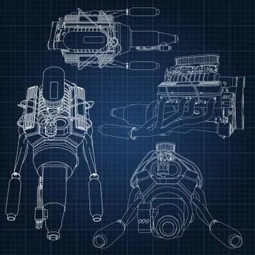 A set of several types of powerful car engine. The engine is drawn with white Illustrazione stock