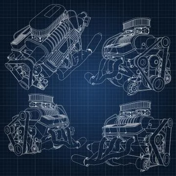 A set of several types of powerful car engine. The engine is drawn with white Illustrazione stock