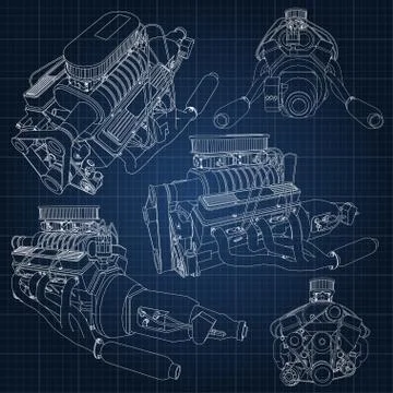 A set of several types of powerful car engine. The engine is drawn with white Stockillustratie