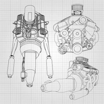 A set of several types of powerful car engine. The engine is drawn with black Stock-Illustration