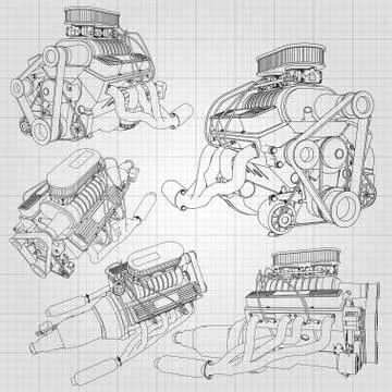 A set of several types of powerful car engine. The engine is drawn with black 스톡 일러스트