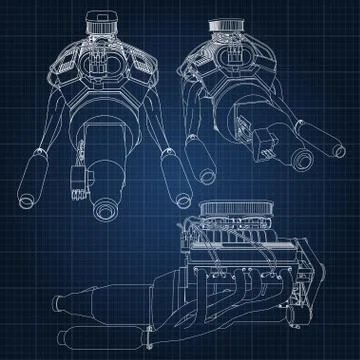 A set of several types of powerful car engine. The engine is drawn with white Stock Illustration