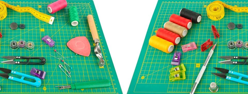 A set of sewing accessories on a patchwork mat. Free space for text. Collage. Stock-Fotos