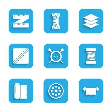 Set Sewing button and knitting needles, Textile fabric roll, thread, Pattern Illustrazione stock