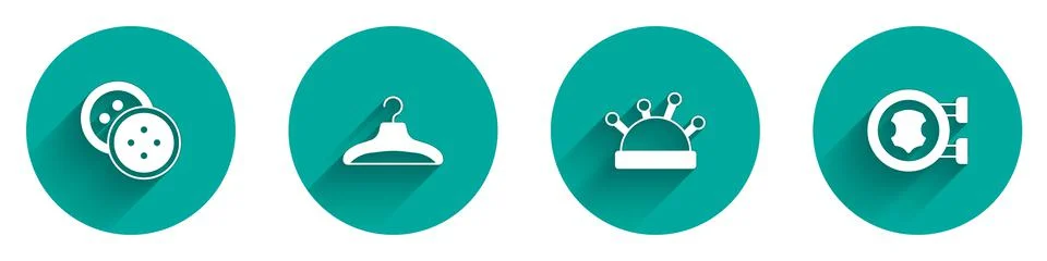 Set Sewing button for clothes, Hanger wardrobe, Needle bed and needles and Illustrazione stock