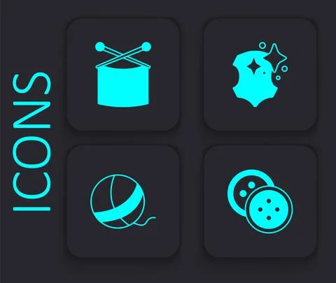 Set Sewing button for clothes, Knitting needles, Leather and Yarn ball icon Stock Illustration