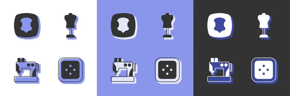 Set Sewing button for clothes, Leather, machine and Mannequin icon. Vector Illustrazione stock
