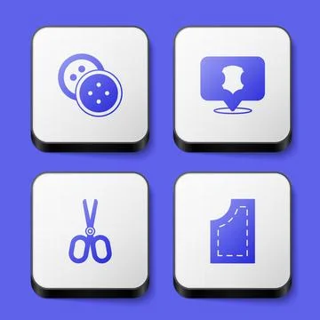 Set Sewing button for clothes, Leather, Scissors and pattern icon. White square Stock Illustration