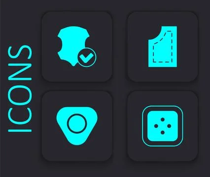 Set Sewing button for clothes, Leather, pattern and chalk icon. Black square Stock Illustration