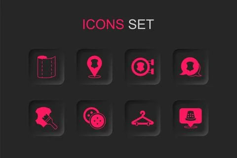 Set Sewing button for clothes, Leather, Textile fabric roll, Hanger wardrob.. Illustrazione stock