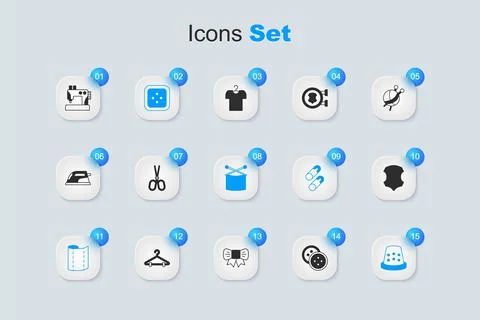 Set Sewing button for clothes, Scissors, Textile fabric roll, Thimble sewin.. Illustrazione stock