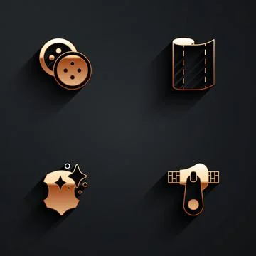 Set Sewing button for clothes, Textile fabric roll, Leather and Zipper icon with Stock Illustration