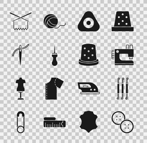 Set Sewing button, Crochet hook, machine, chalk, Awl tool, Needle with thread 스톡 일러스트
