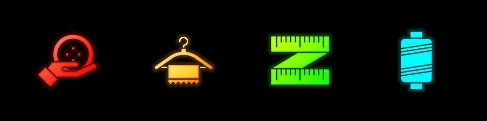Set Sewing button, Hanger wardrobe, Tape measure and thread icon. Vector Illustrazione stock