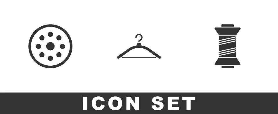 Set Sewing button, Hanger wardrobe and thread icon. Vector Illustrazione stock