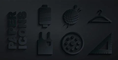 Set Sewing button, Hanger wardrobe, Sleeveless T-shirt, Triangular ruler, Yarn Illustrazione stock