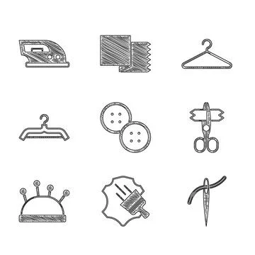 Set Sewing button, Leather, Needle with thread, Scissors, bed and needles 库存插图