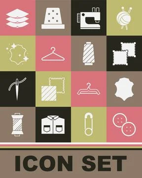 Set Sewing button, Leather, Textile fabric roll, machine, Hanger wardrobe Stock Illustration